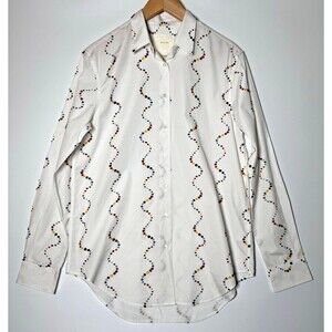 Xacus Mens Italian Button Up Shirt EU 46 White Multicolor Embroidered Wavy Dots